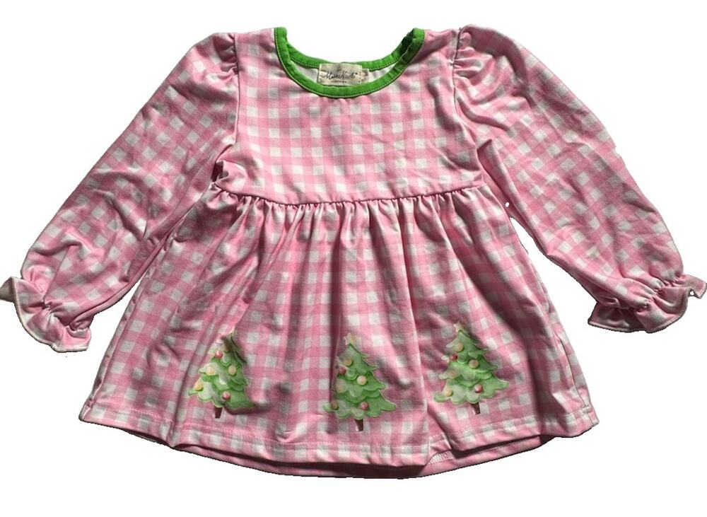 Marie Nicole Girls XS Pink Gingham Christmas Tree Dress Holiday